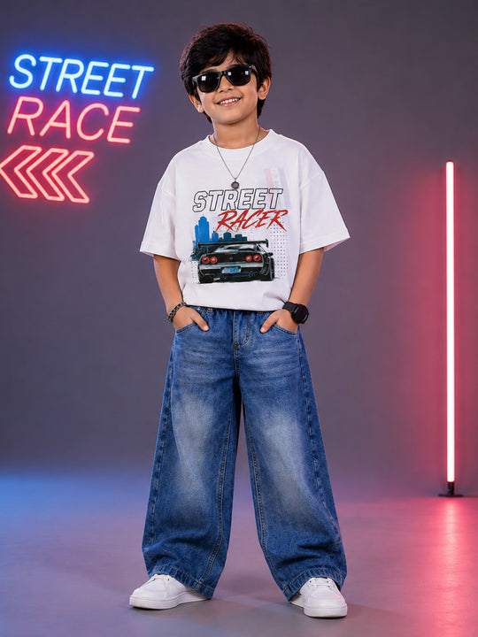 Kiddopanti Boys Cotton Knit Half Sleeves Graphic T-Shirt with Baggy Fit Denim Jeans Co-ord Set