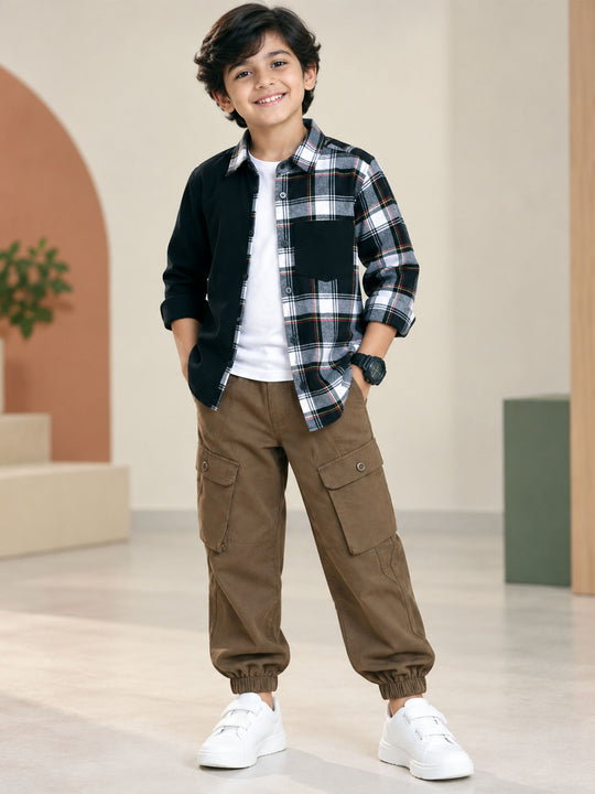 Kiddopanti Boys Cotton Knit Solid T-Shirt With Corduroy Check Shirt & Cotton Cargo Balloon Jogger Pants 3 Piece Co-ord Set