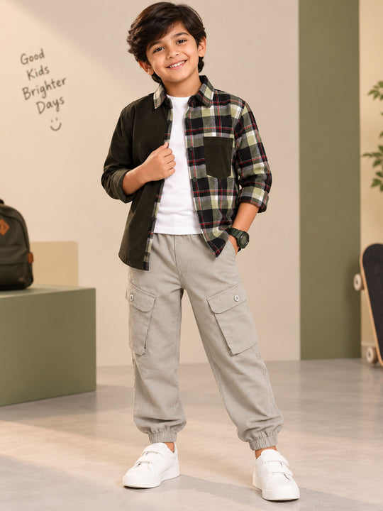 Kiddopanti Boys Cotton Knit Solid T-Shirt With Corduroy Check Shirt & Cotton Cargo Balloon Jogger Pants 3 Piece Co-ord Set