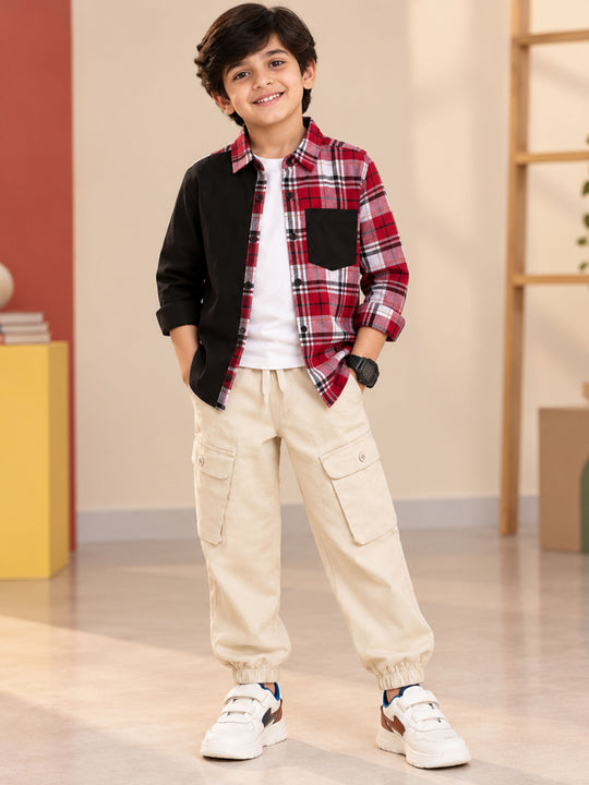 Kiddopanti Boys Cotton Knit Solid T-Shirt With Corduroy Check Shirt & Cotton Cargo Balloon Jogger Pants 3 Piece Co-ord Set