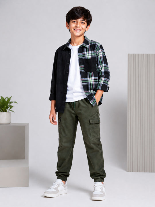 Kiddopanti Boys Cotton Knit Drop Shoulder Sleeves Solid T-Shirt & Corduroy Check Shirt With Cotton Cargo Jogger Pants 3 Piece Co-ord Set