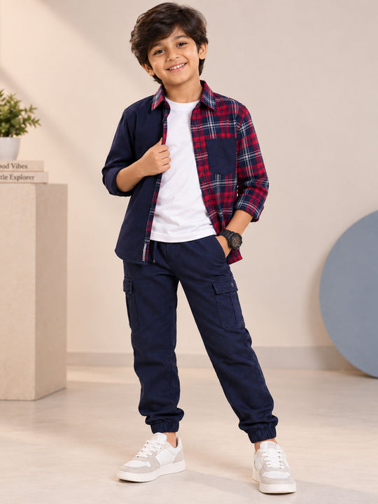 Kiddopanti Boys Cotton Knit Solid T-Shirt With Corduroy Check Shirt & Cotton Cargo Jogger Pants 3 Piece Co-ord Set