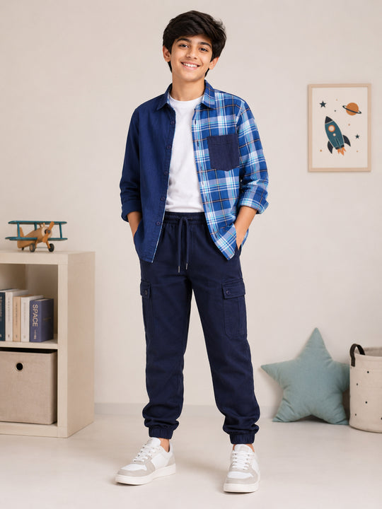Kiddopanti Boys Cotton Knit Drop Shoulder Sleeves Solid T-Shirt & Corduroy Check Shirt With Cotton Cargo Jogger Pants 3 Piece Co-ord Set