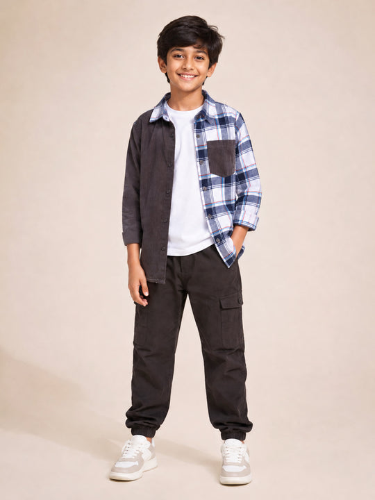 Kiddopanti Boys Cotton Knit Drop Shoulder Sleeves Solid T-Shirt & Corduroy Check Shirt With Cotton Cargo Jogger Pants 3 Piece Co-ord Set