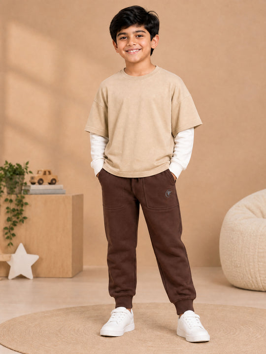 Kiddopanti Boys Cotton Fleece Doctor Full Sleeves Layered Look Solid T-Shirt & Fleece Track Pants Co-ord Set