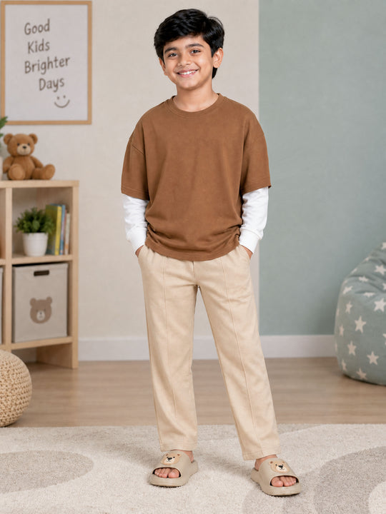 Kiddopanti Boys Cotton Fleece Doctor Full Sleeve Layered Look Solid T-Shirt & Wide Leg Track Pants with Pintuck Co-ord Set