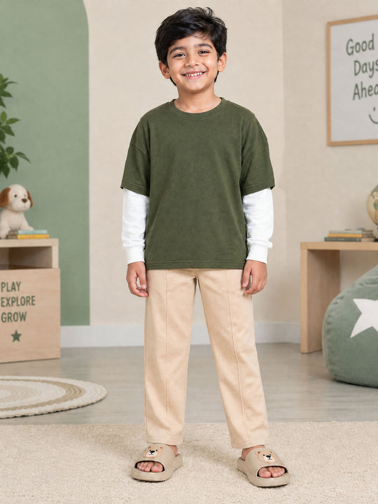 Kiddopanti Boys Cotton Fleece Doctor Full Sleeve Layered Look Solid T-Shirt & Wide Leg Track Pants with Pintuck Co-ord Set