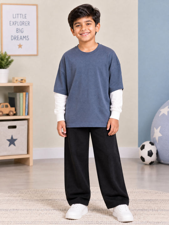 Kiddopanti Boys Cotton Fleece Doctor Full Sleeve Layered Look Solid T-Shirt & Wide Leg Track Pants with Pintuck Co-ord Set