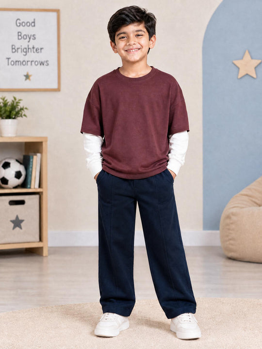 Kiddopanti Boys Cotton Fleece Doctor Full Sleeve Layered Look Solid T-Shirt & Wide Leg Track Pants with Pintuck Co-ord Set