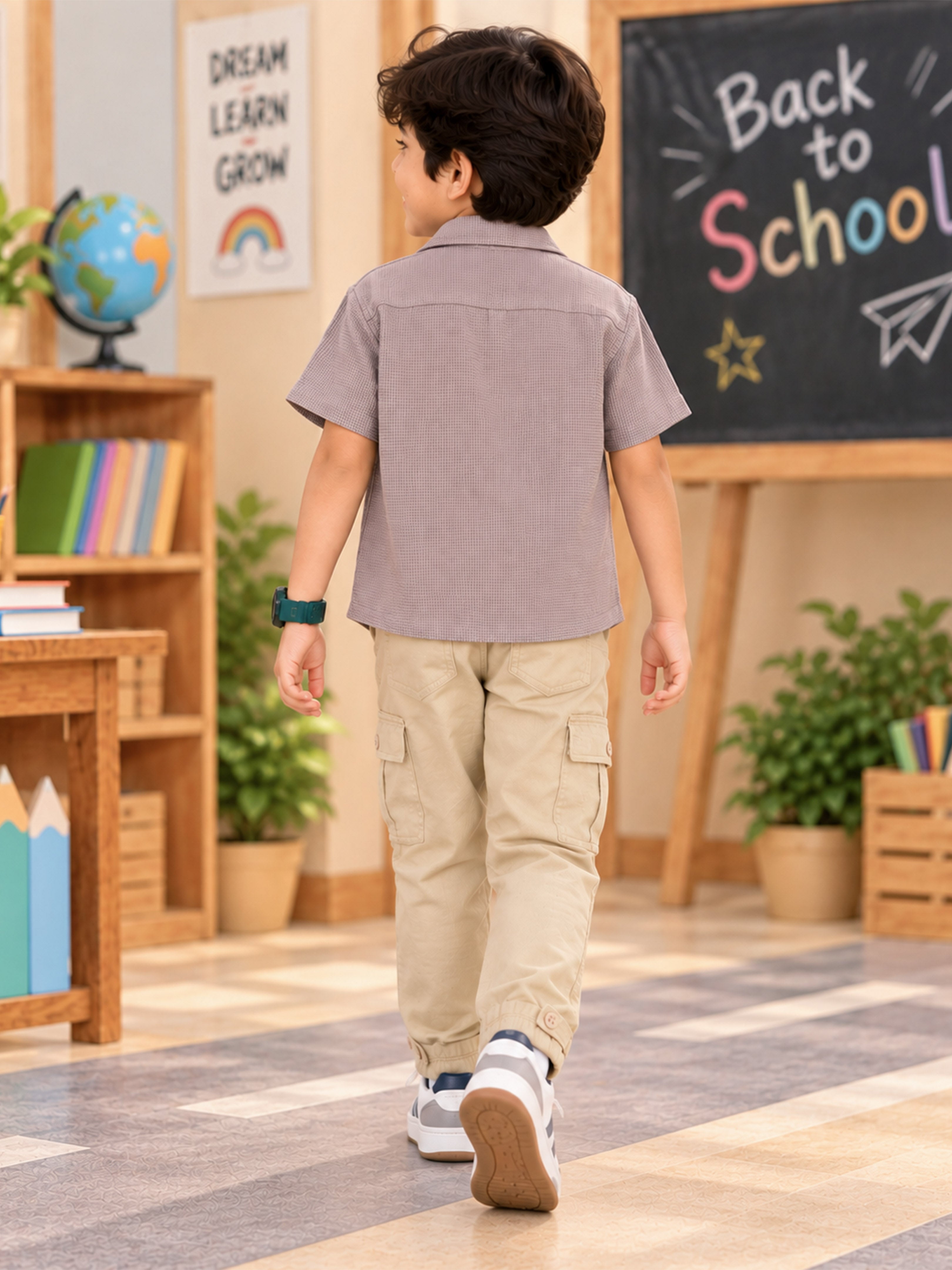 Kiddopanti Boys Half Sleeve Cotton Shirt with Solid Round Neck T-Shirt & Cargo Pants 3-Piece Co-ord Set