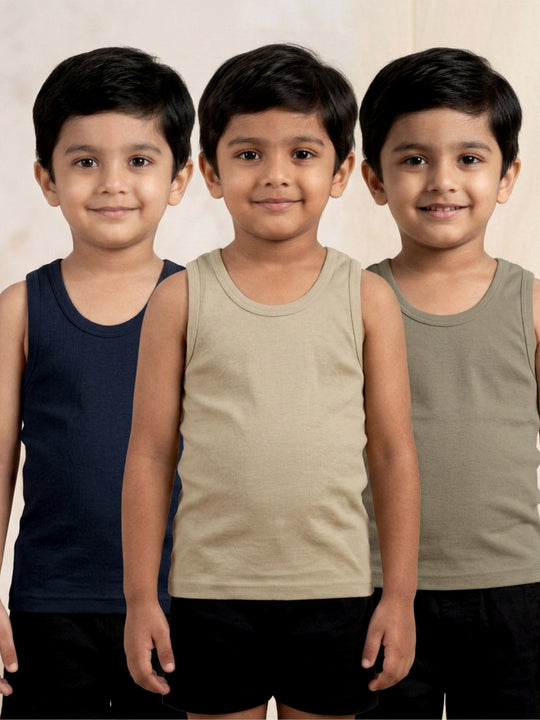 Kiddopanti Boys 100% Cotton Knit Rib Vest Pack of 3