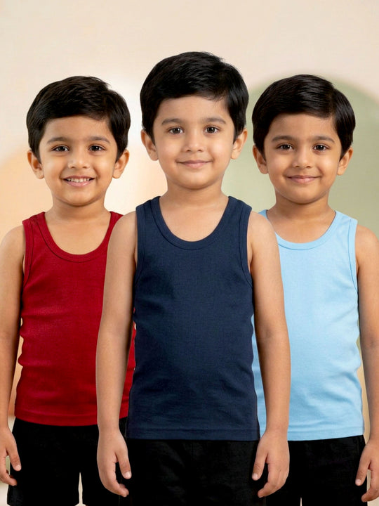 Kiddopanti Boys 100% Cotton Knit Rib Vest Pack of 3
