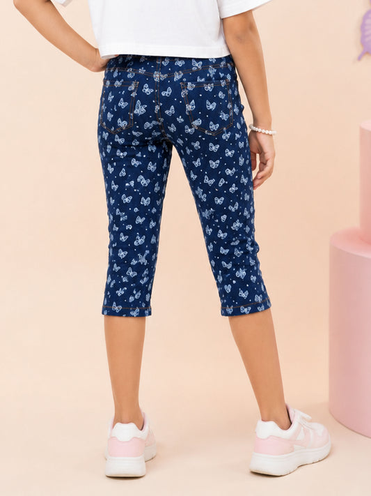 Kiddopanto Girls Denim Woven Butterfy Printed Capri Jeggings