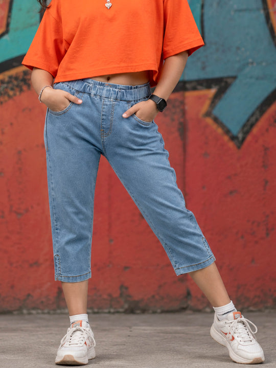 Kiddopanti Girls Denim Solid Capri Jegging