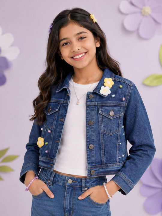 Kiddopanti Girls Denim Woven Full Sleeves Floral Embellishment Crop Jacket