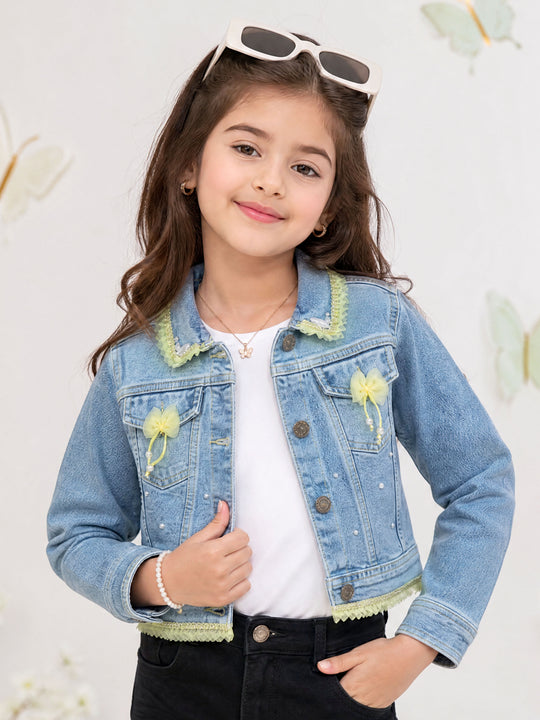 Kiddopanti Girls Denim Woven Full Sleeves Floral Embellishment Crop Jacket