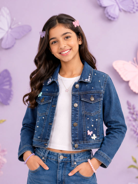 Kiddopanti Girls Denim Woven Full Sleeves Floral Embellishment Crop Jacket