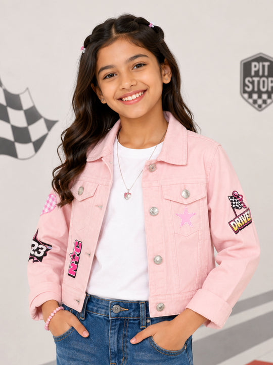 Kiddopanti Girls Denim Woven Full Sleeves Floral Embellishment Crop Jacket