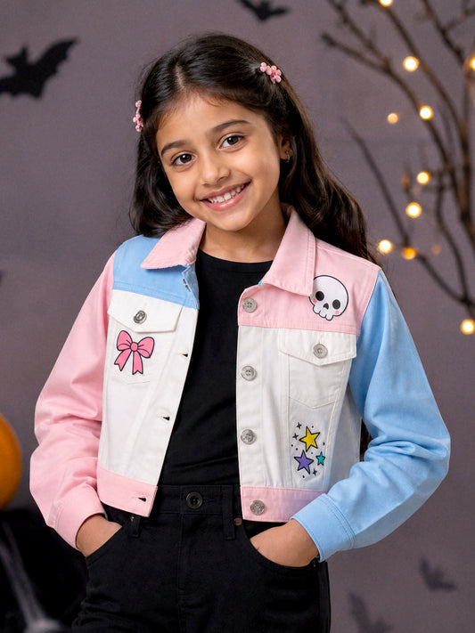 Kiddopanti Girls Denim Woven Colour Block Crop Jacket with Bow Skull & Star Graphics and Front Flap Pockets