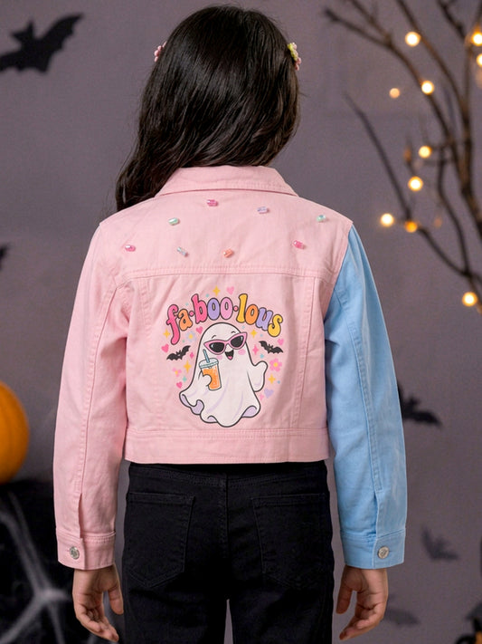 Kiddopanti Girls Denim Woven Colour Block Crop Jacket with Bow Skull & Star Graphics and Front Flap Pockets
