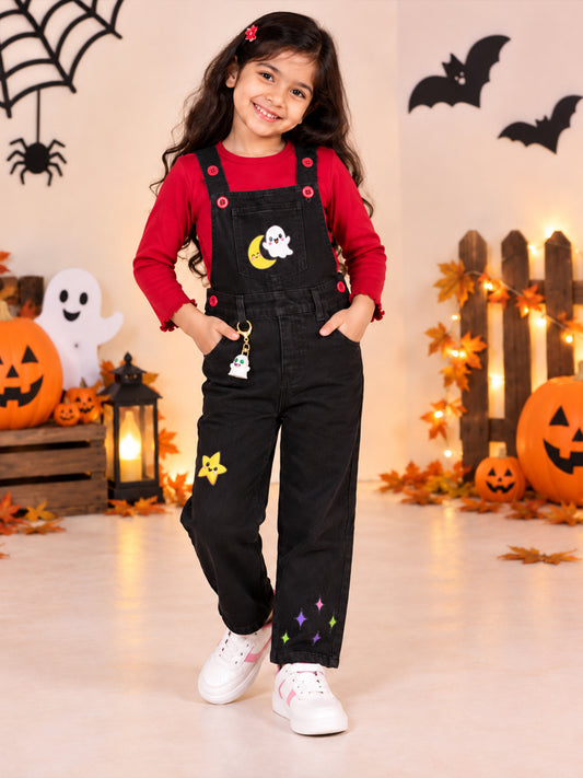 Kiddopanti Girls Denim Woven Halloween Ghost & Star Graphic Dungaree Pants with Contrast Button Detail