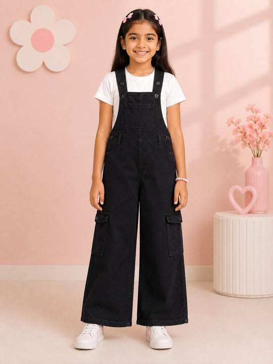 Kiddopanti Girls Denim Woven Wide Leg Solid Dungaree