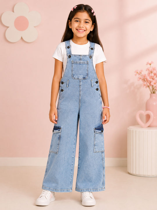 Kiddopanti Girls Denim Woven Wide Leg Solid Dungaree