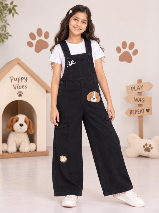 Kiddopanti Girls Denim Woven Graphic Wide Leg Dungaree Pant with Cargo Pockets