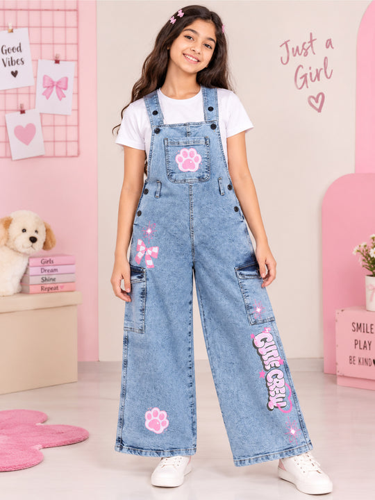 Kiddopanti Girls Denim Woven Graphic Wide Leg Dungaree Pant with Cargo Pockets