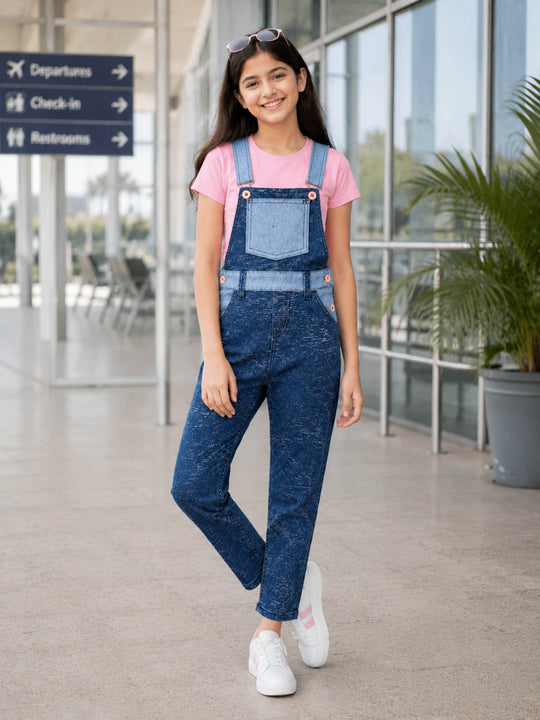 Kiddopanti Girls Denim Woven Solid Dungaree Pant