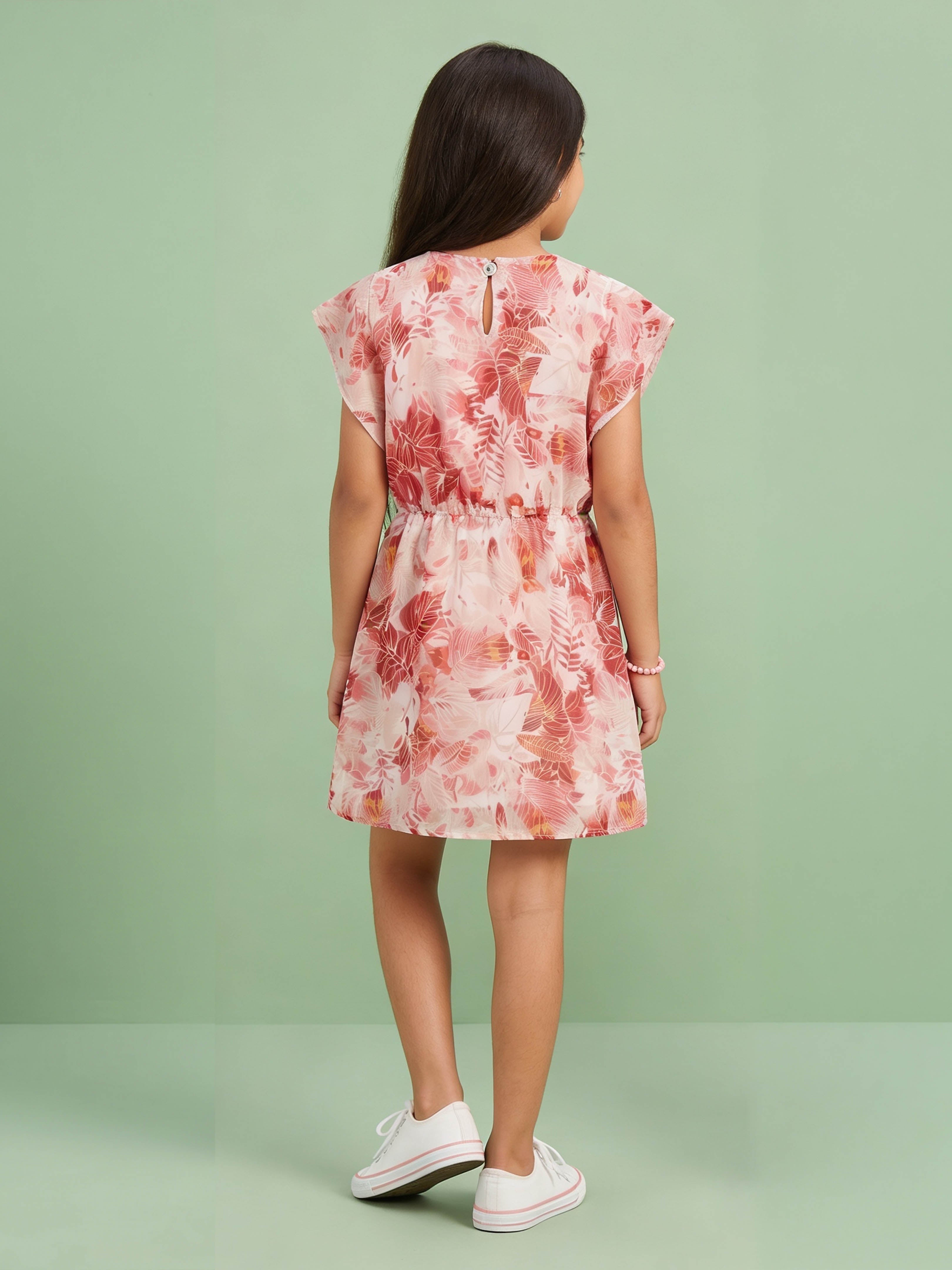 Kiddopanti Girls Georgette Woven Butterfly Sleeves Floral Printed Knee length Dress