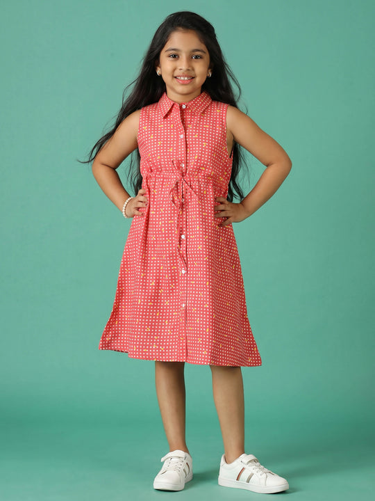Kiddopanti Girls Cotton Woven Sleeveless Polka Dots Printed Button Up Shirt dress