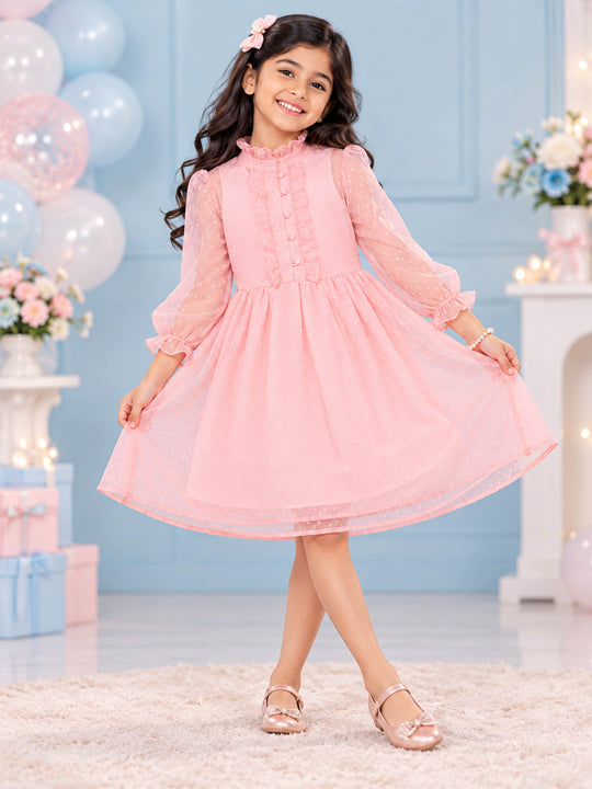 Kiddopanti Girls Georgette Full sleeves Front Yoke Frill Detailed Placket Dress