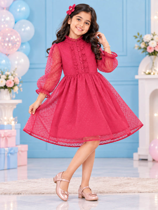 Kiddopanti Girls Georgette Full sleeves Front Yoke Frill Detailed Placket Dress