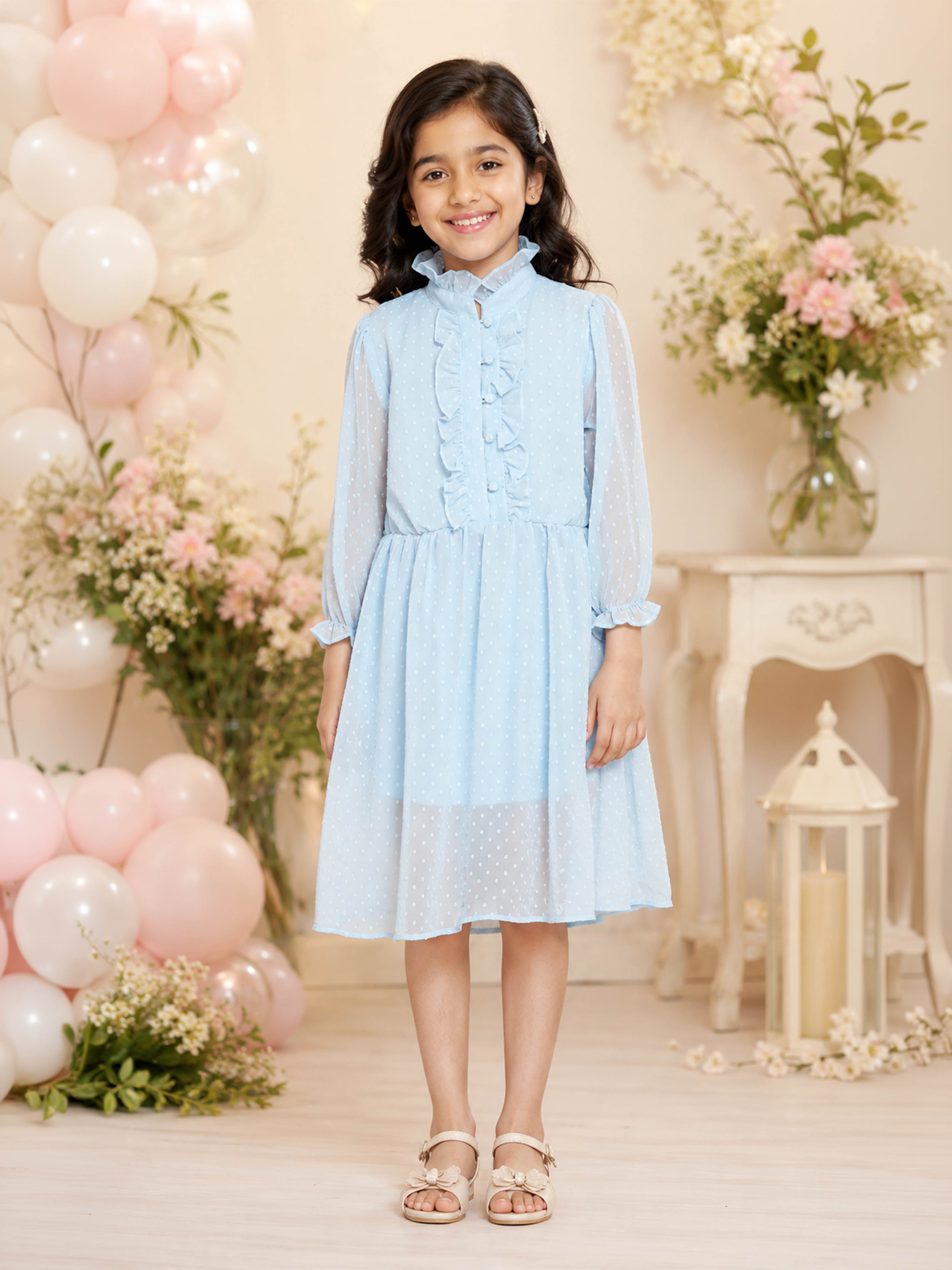 Kiddopanti Girls Woven Full Sleeves Front Yoke Frill Detailed Placket Solid Dress