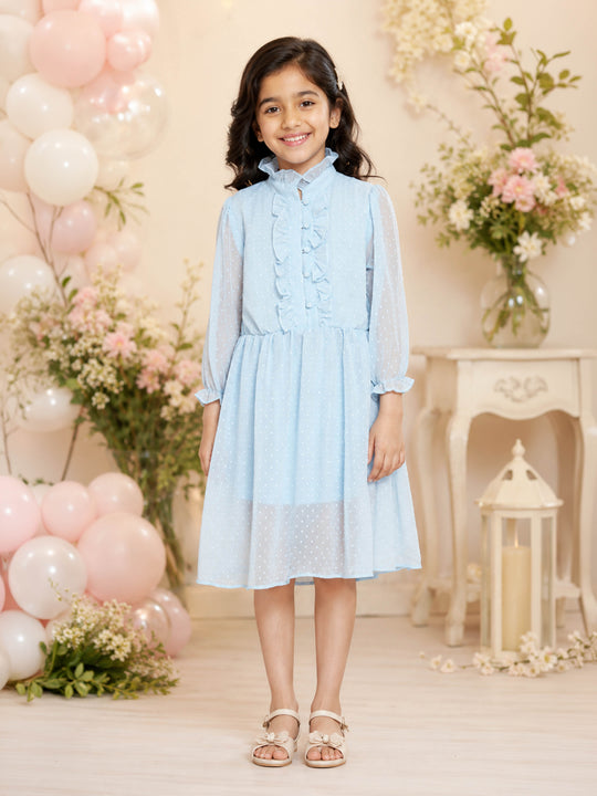 Kiddopanti Girls Woven Full Sleeves Front Yoke Frill Detailed Placket Solid Dress