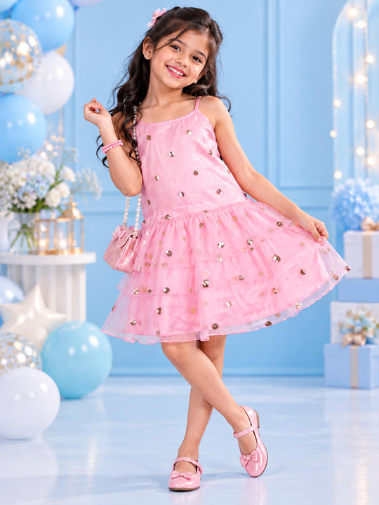 Kiddopanti Girls Georgette Sleeveless Net Sequin Embroidery Tiered Party Dress
