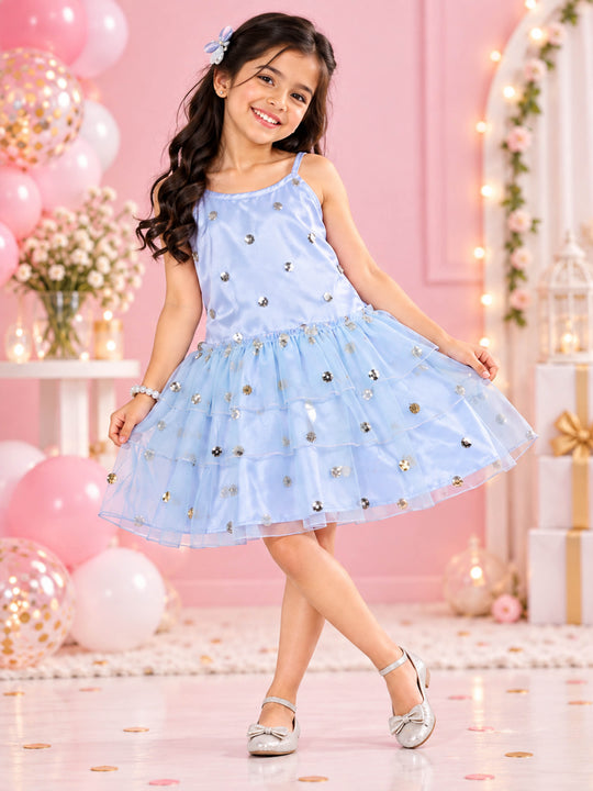 Kiddopanti Girls Georgette Sleeveless Net Sequin Embroidery Tiered Party Dress