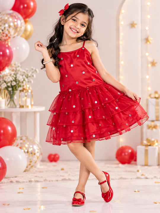 Kiddopanti Girls Georgette Sleeveless Net Sequin Embroidery Tiered Party Dress