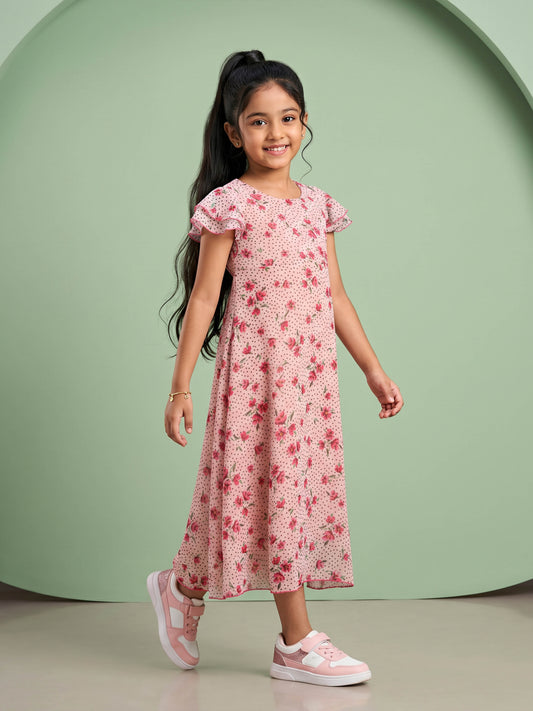 Kiddopanti Girls Georgette Woven Frill Layer Bell Sleeves Floral And Polka Dots Printed Flare Dress