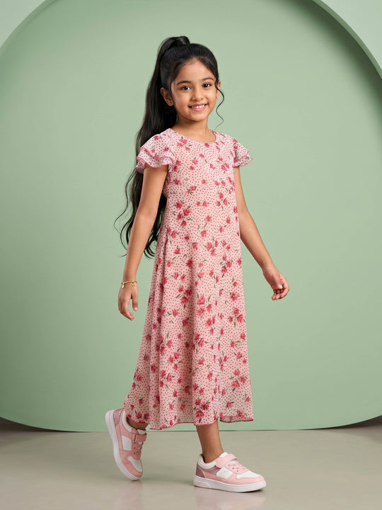 Kiddopanti Girls Georgette Woven Frill Layer Bell Sleeves Floral And Polka Dots Printed Flare Dress