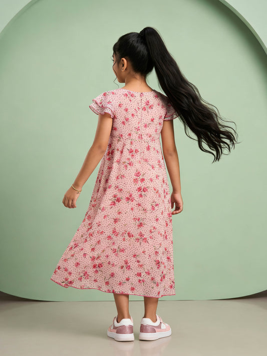 Kiddopanti Girls Georgette Woven Frill Layer Bell Sleeves Floral And Polka Dots Printed Flare Dress