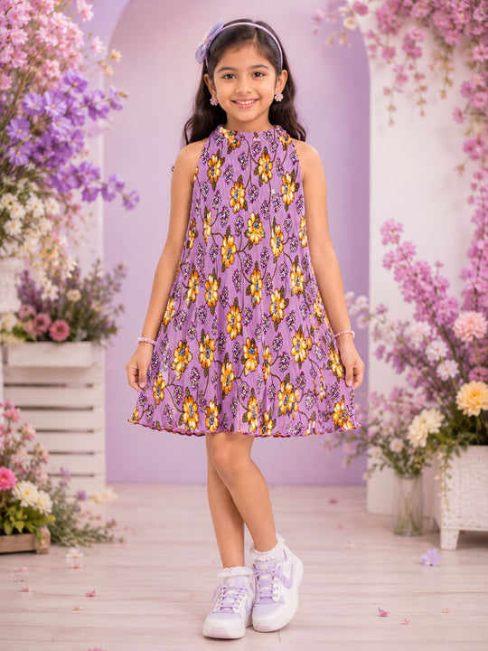 Kiddopanti Girls Floral Printed Sleeveless Halter Neck Dress
