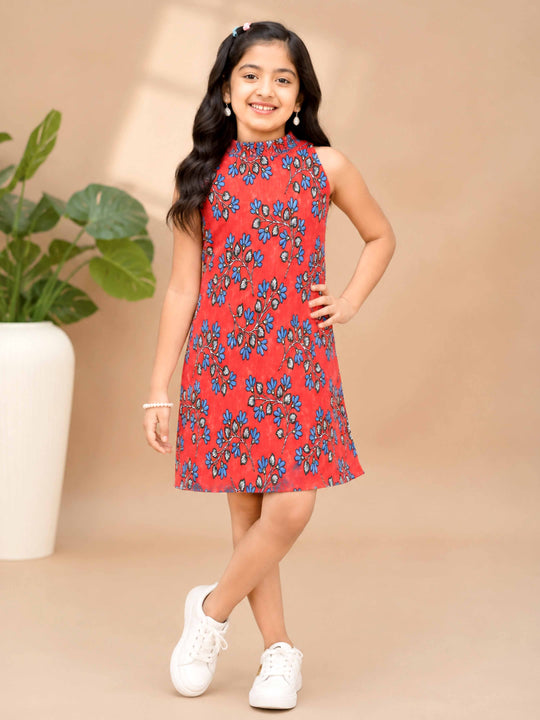 Kiddopanti Girls Floral Printed Sleeveless Halter Neck Dress