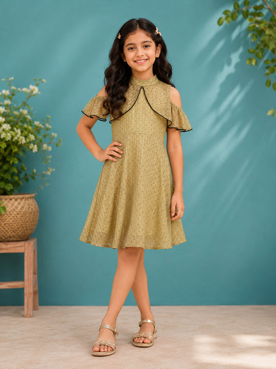 Kiddopanti Girls Rayon Woven Could Shoulder Sleeves Floral Polka Dots Printed Halter Neck Dress