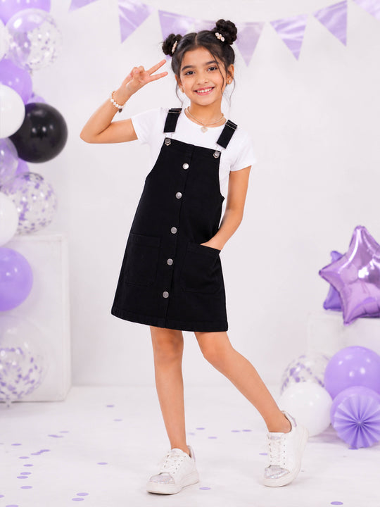 Kiddopanti Girls Denim Woven Self Design Dungaree Skirt