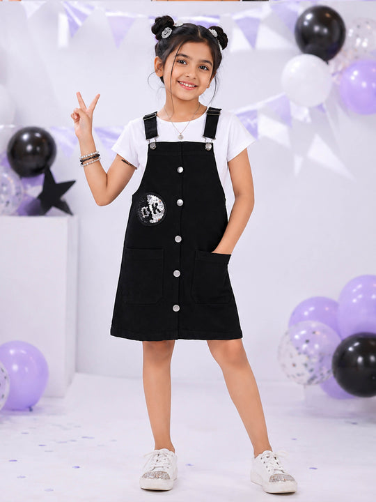Kiddopanti Girls Denim Woven Self Design Dungaree Skirt