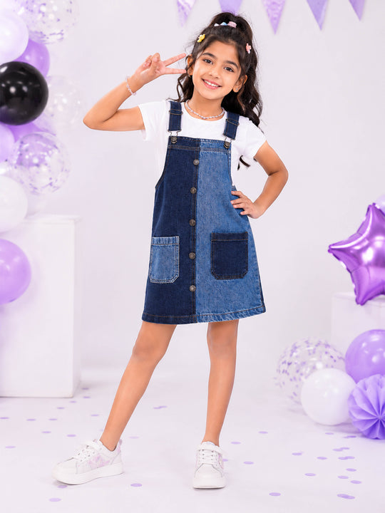 Kiddopanti Girls Denim Woven Self Design Dungaree Skirt