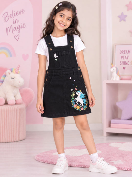 Kiddopanti Girls Denim Woven Graphic Pinafore Dungaree Dress