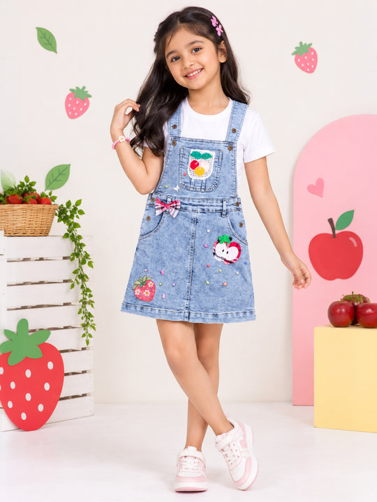Kiddopanti Girls Denim Woven Graphic Pinafore Dungaree Dress